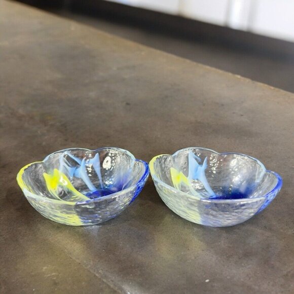 Vintage Aderia Glass Bowl Set 2 Made In Japan Clear Blue Yellow Swirls Ruffled - Picture 3 of 16